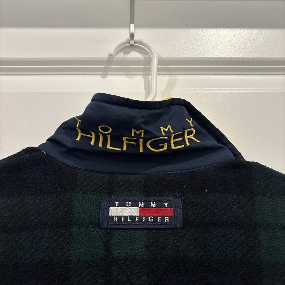 VINTAGE Tommy Hilfiger Full Zip Fleece Jacket Tartan Plaid Green Mens Medium 90s